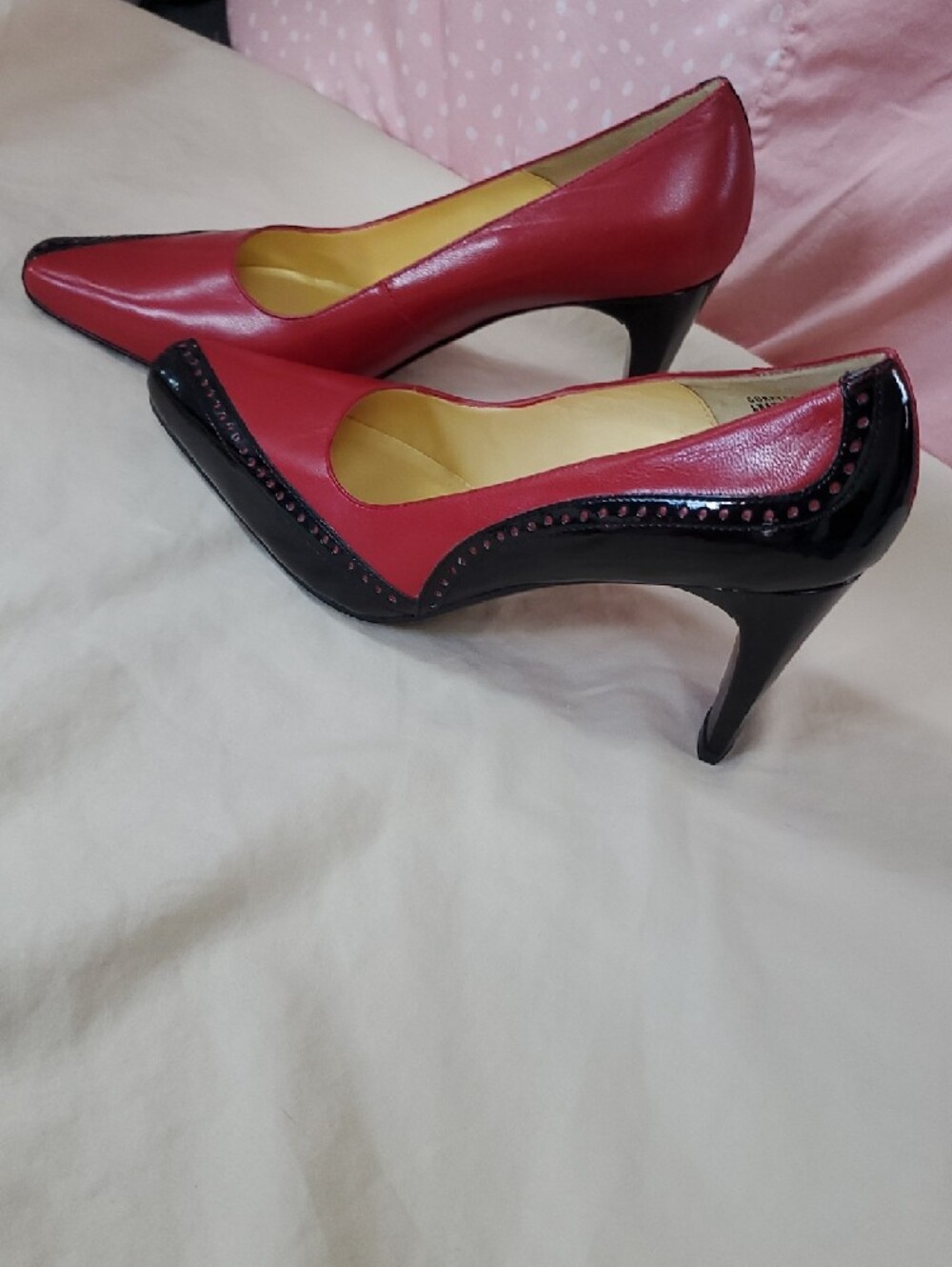 Bellini Red and Black Pointed Toe Pumps with Stud Trim - Picture 4 of 9